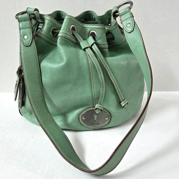Fossil Handbags - Fossil Purse Mint Green Leather Hobo Bucket Drawstring Shoulder Bag Hippie Boho